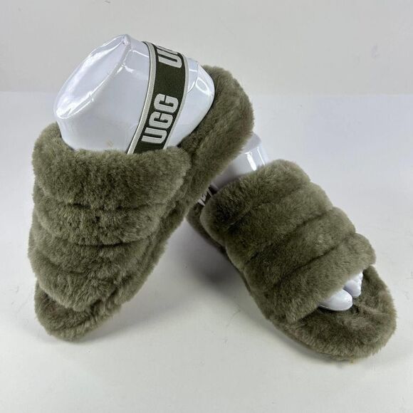 UGG Women's Fluff Yeah US 7 Army Green Platform Slide Fur Sandals - Picture 3 of 10